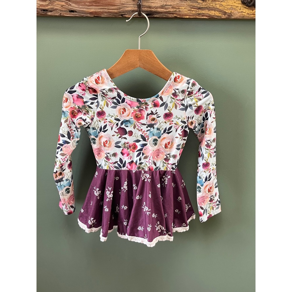 Cheeky Plum Girls 4T Floral Long Sleeve Leotard Plum Lace Trim Snap‎ Bottom